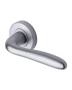 Heritage Brass Door Handle Lever Latch on Round Rose Columbus Design Satin Chrome finish