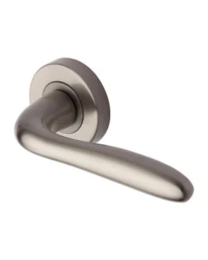 Heritage Brass Door Handle Lever Latch on Round Rose Columbus Design Satin Nickel finish