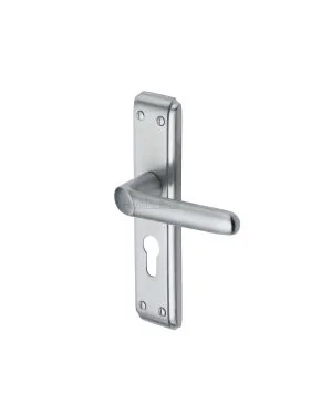 Heritage Brass Door Handle for Euro Profile Plate Deco Design Satin Chrome finish