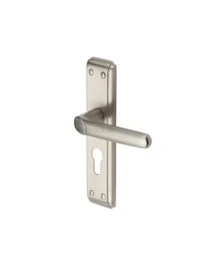 Heritage Brass Door Handle for Euro Profile Plate Deco Design Satin Nickel finish