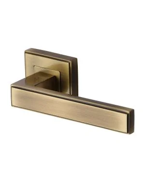 Heritage Brass Door Handle Lever Latch on Square Rose Linear Sq Design Antique finish