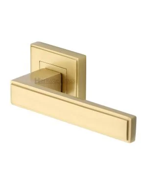 Heritage Brass Door Handle Lever Latch on Square Rose Linear Sq Design Satin Brass finish