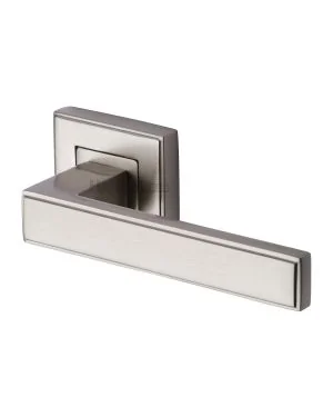 Heritage Brass Door Handle Lever Latch on Square Rose Linear Sq Design Satin Nickel finish