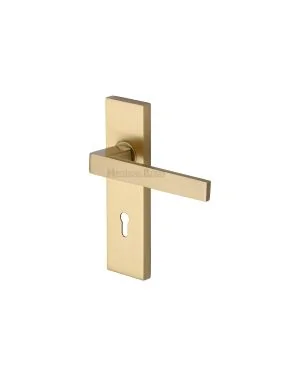 Heritage Brass Door Handle Lever Lock Delta Design Satin Brass finish