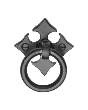 Matt Black Rustic Iron Fleur-De-Lys Cabinet Ring Drop Pull