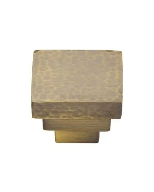 Heritage Brass Cabinet Knob Square Stepped Hammered Design 32mm Antique Brass finish