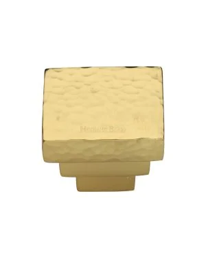 Heritage Brass Cabinet Knob Square Stepped Hammered Design 32mm Polished Brass finish