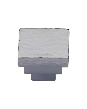 Heritage Brass Cabinet Knob Square Stepped Hammered Design 32mm Polished Chrome finish