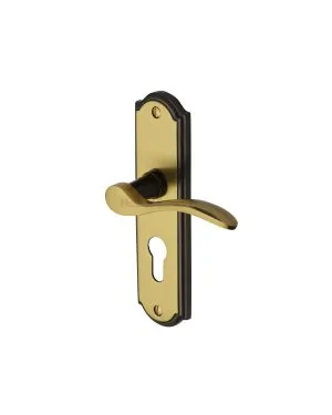Heritage Brass Door Handle for Euro Profile Plate Howard Design Patina & Satin Brass finish