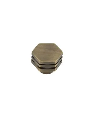 Nile Hexagonal Stepped Cupboard Knob - Antique Brass