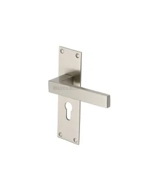 Heritage Brass Door Handle for Euro Profile Plate Metro Design Satin Nickel finish
