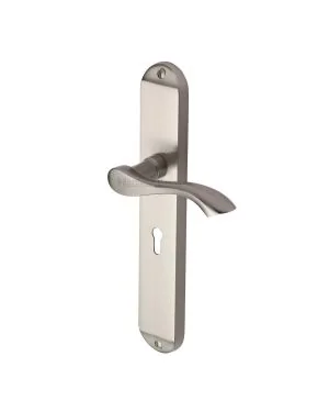 Heritage Brass Door Handle Lever Lock Algarve Long Design Satin Nickel finish
