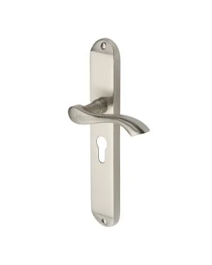 Heritage Brass Door Handle for Euro Profile Plate Algarve Long Design Satin Nickel finish