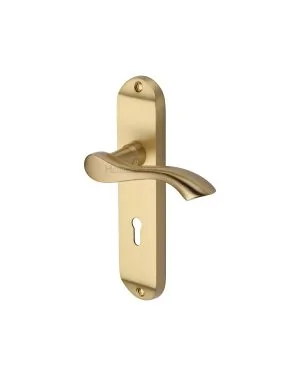 Heritage Brass Door Handle Lever Lock Algarve Design Satin Brass finish