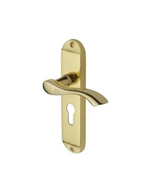 Heritage Brass Door Handle for Euro Profile Plate Algarve Design Polished Brass finish