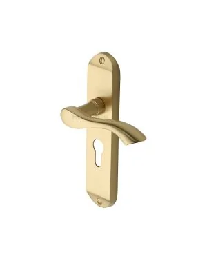 Heritage Brass Door Handle for Euro Profile Plate Algarve Design Satin Brass finish