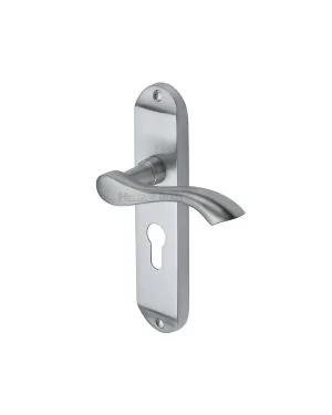 Heritage Brass Door Handle for Euro Profile Plate Algarve Design Satin Chrome finish