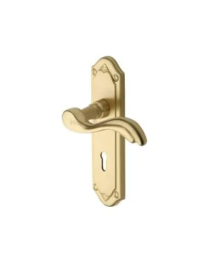 Heritage Brass Door Handle Lever Lock Lisboa Design Satin Brass finish