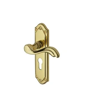 Heritage Brass Door Handle for Euro Profile Plate Lisboa Design Polished Brass finish