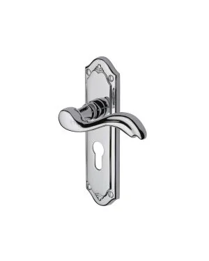 Heritage Brass Door Handle for Euro Profile Plate Lisboa Design Polished Chrome finish