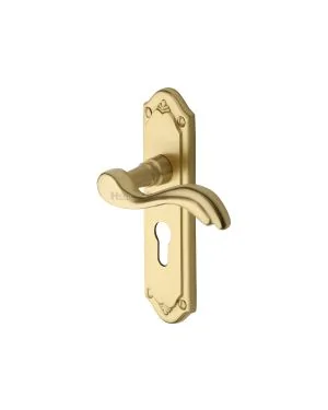 Heritage Brass Door Handle for Euro Profile Plate Lisboa Design Satin Brass finish
