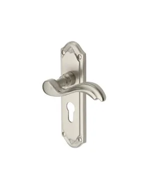 Heritage Brass Door Handle for Euro Profile Plate Lisboa Design Satin Nickel finish
