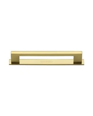 Heritage Brass Cabinet Pull Metro Design with Plate 128mm CTC Polished Brass Finish