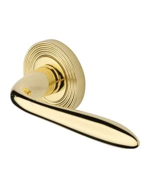 Heritage Brass Door Handle Lever Latch on Round Rose Sutton Reeded Design Polished Brass finishUK Registered Design Number 6204750