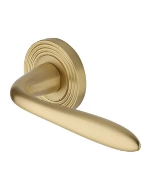 Heritage Brass Door Handle Lever Latch on Round Rose Sutton Reeded Design Satin Brass finishUK Registered Design Number 6204750