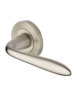 Heritage Brass Door Handle Lever Latch on Round Rose Sutton Reeded Design Satin Nickel FinishUK Registered Design Number 6204750