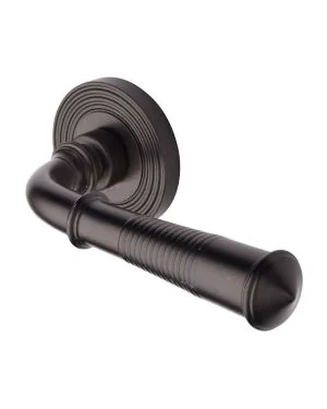 Heritage Brass Door Handle Lever Latch on Round Rose Bridgetown Reeded Design Matt Bronze finishUK Registered Design Number 6226297