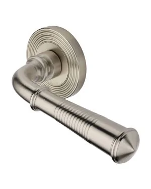 Heritage Brass Door Handle Lever Latch on Round Rose Bridgetown Reeded Design Satin Nickel finishUK Registered Design Number 6226297