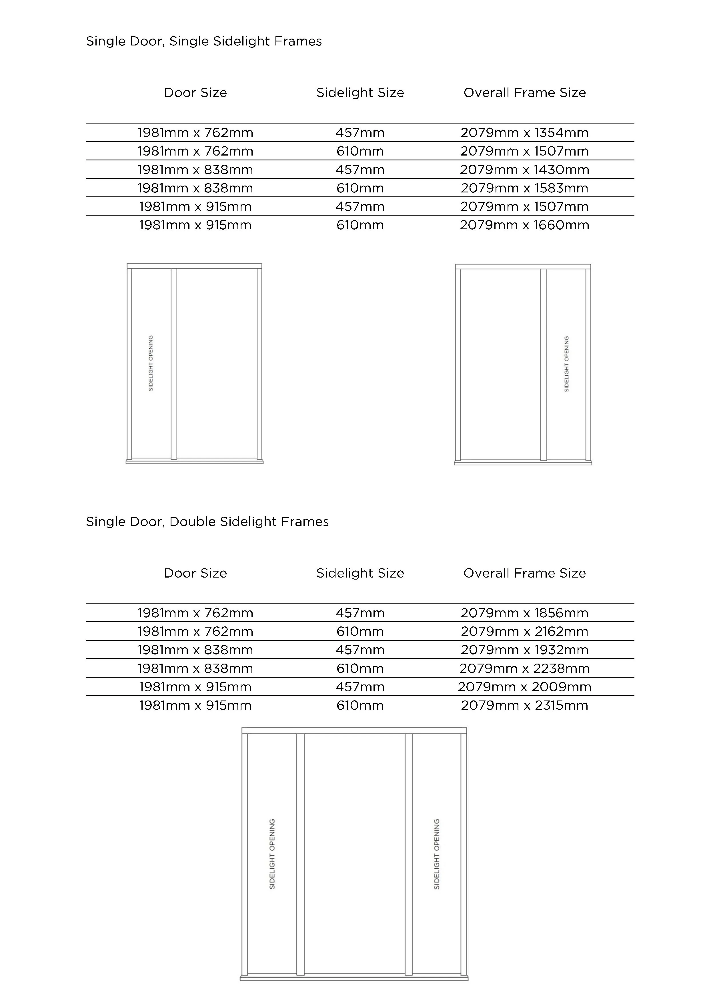 Single Door Single Sidelight Frames, Single Door Double Sidelight Frames Size Guide