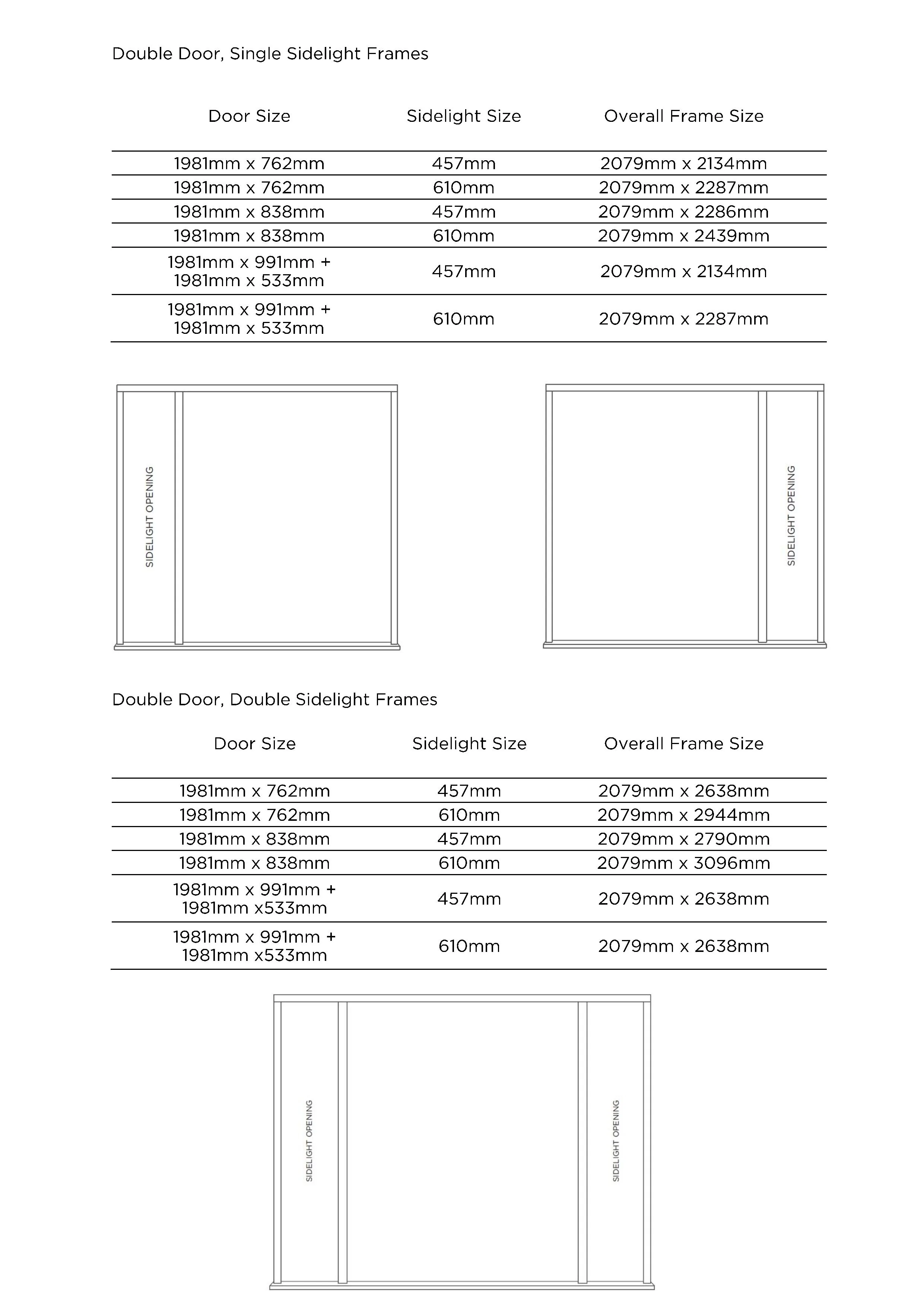 Double Door Single Sidelight Frames, Double Door Double Sidelight Frames Size Guide