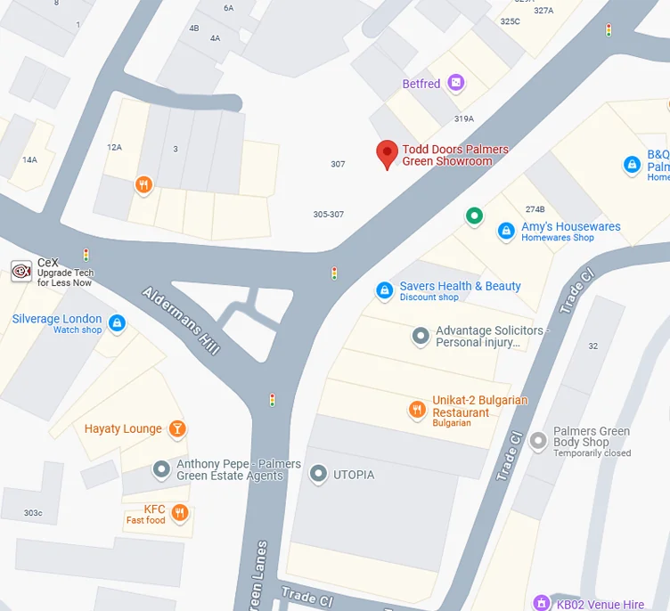 Google maps image showing Todd Doors Palmers Green Location